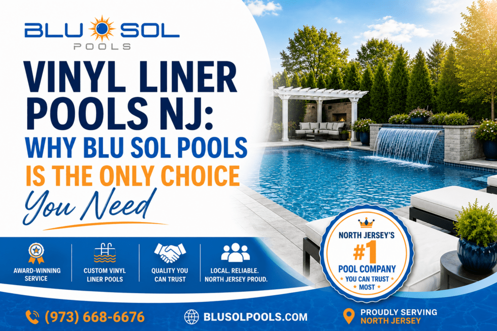A finished vinyl liner pool in a New Jersey backyard installed by Blu Sol Pools. The deep blue water is clear, the liner shows no wrinkles, and the safety cover anchors are visible around the edge. This is what a properly built vinyl liner pool looks like after installation.

