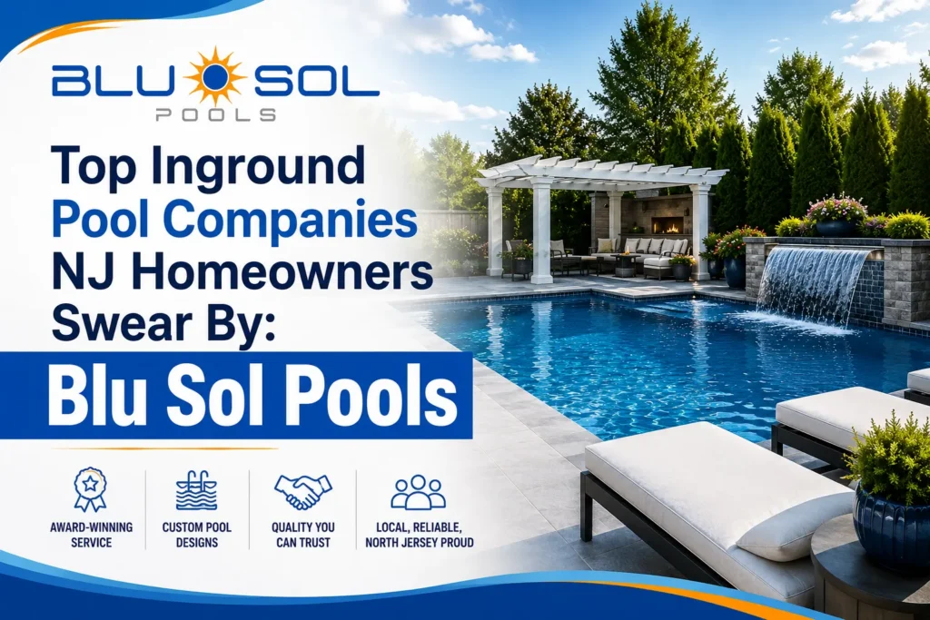 Award winning custom freeform inground pool installation by one of the best inground pool companies in NJ, featuring a natural rock waterfall, integrated spa, and luxury stone patio.